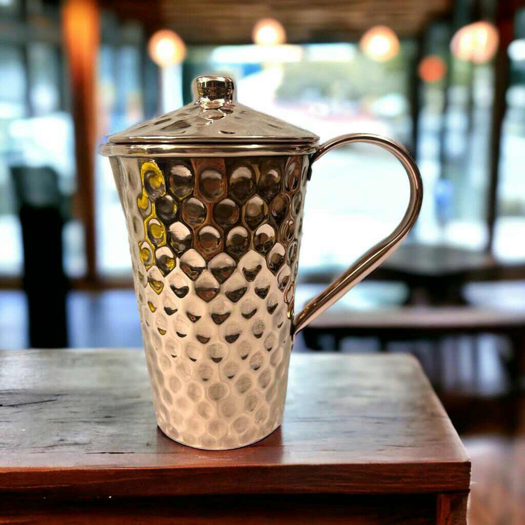 Set of One Copper Pitcher with Top and Two Tumblers, Deep Hammering and Shiny Finish