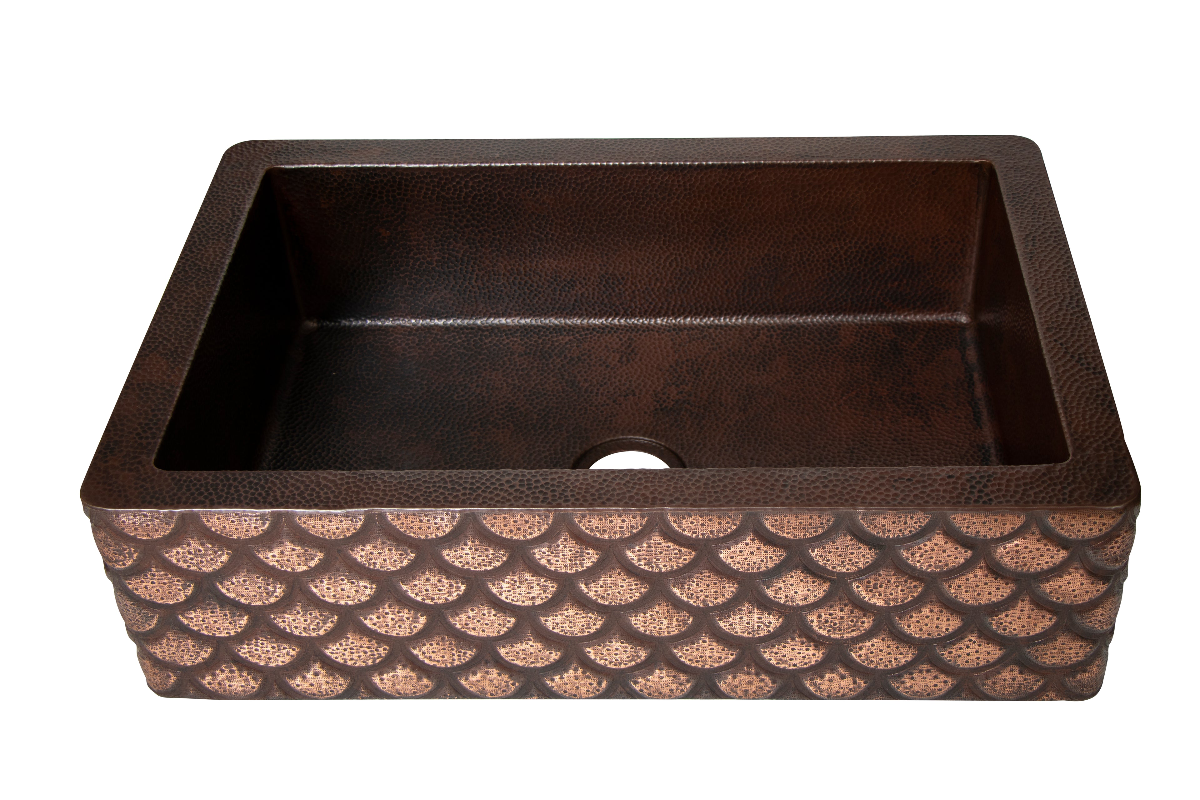 33" Farmhouse Single Well Squama Design Straight Apron Hammered Copper Kitchen Sink