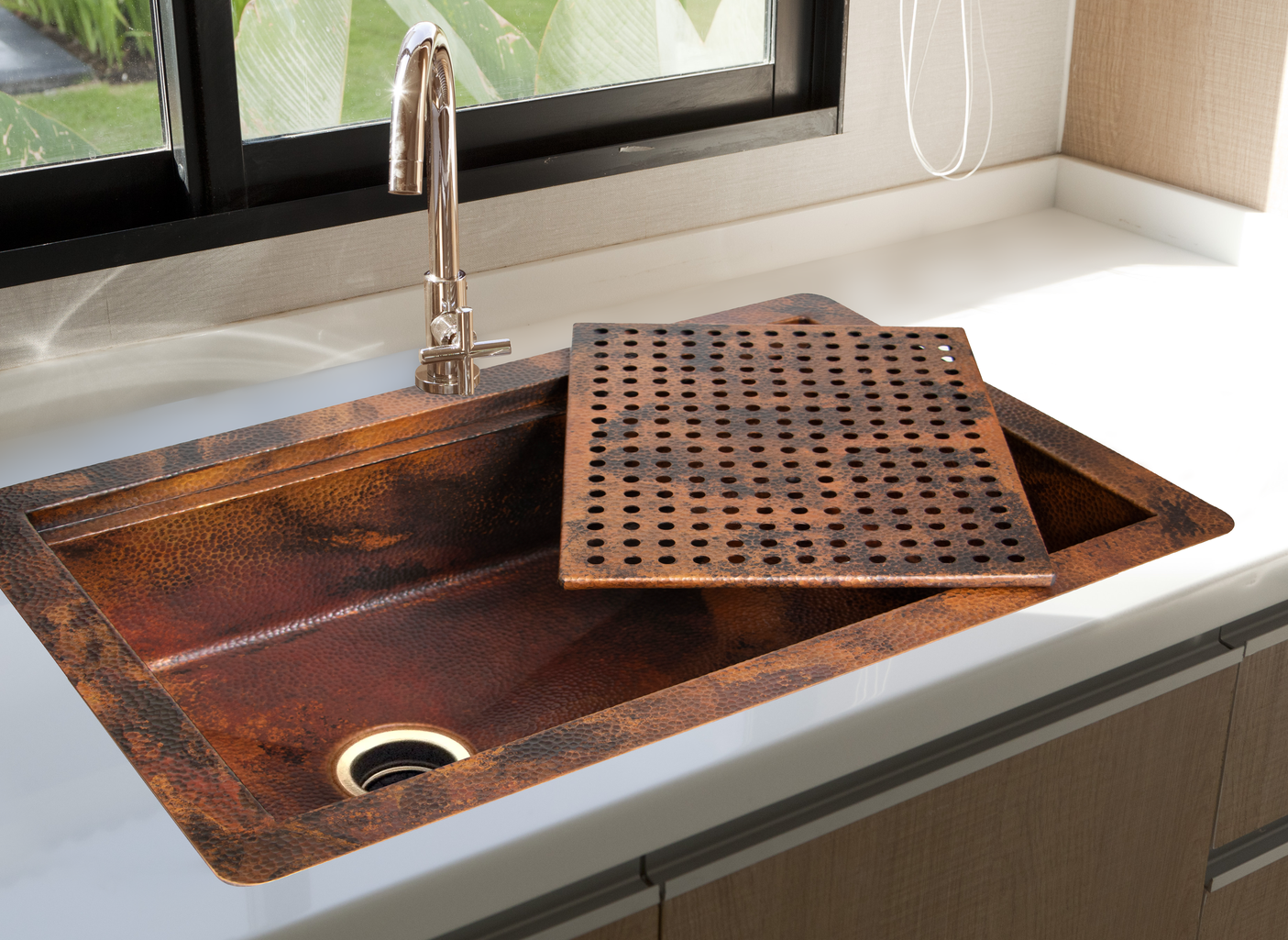 33" Drop-in Single Well Hammered Copper Kitchen Sink with Removable Grill