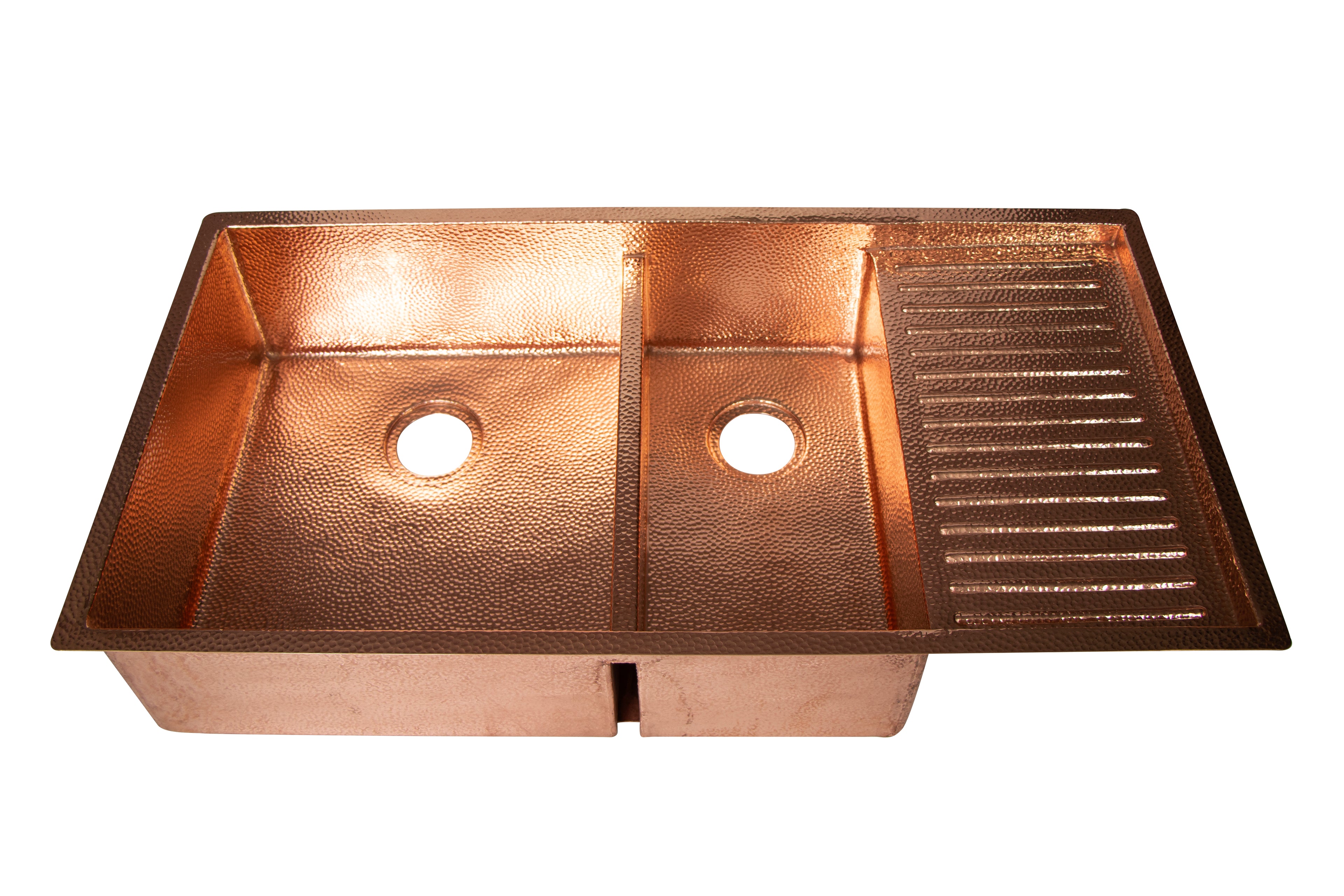 Copper kitchen sink with a textured finish on a white background